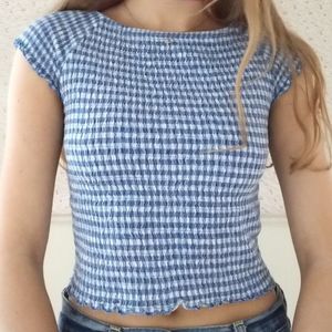 blue gingham ruched top lettuce hem crop top xs